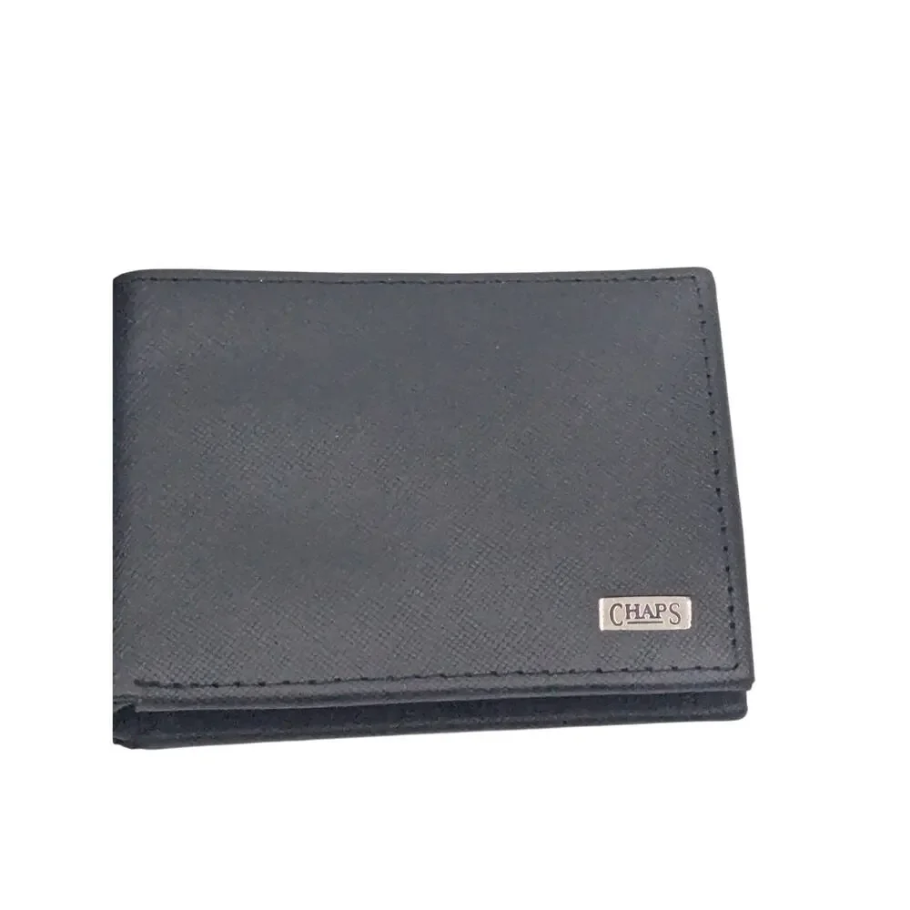 Chaps Men’s Black Leather Wallet RFID Blocking Traveler Bifold NWT